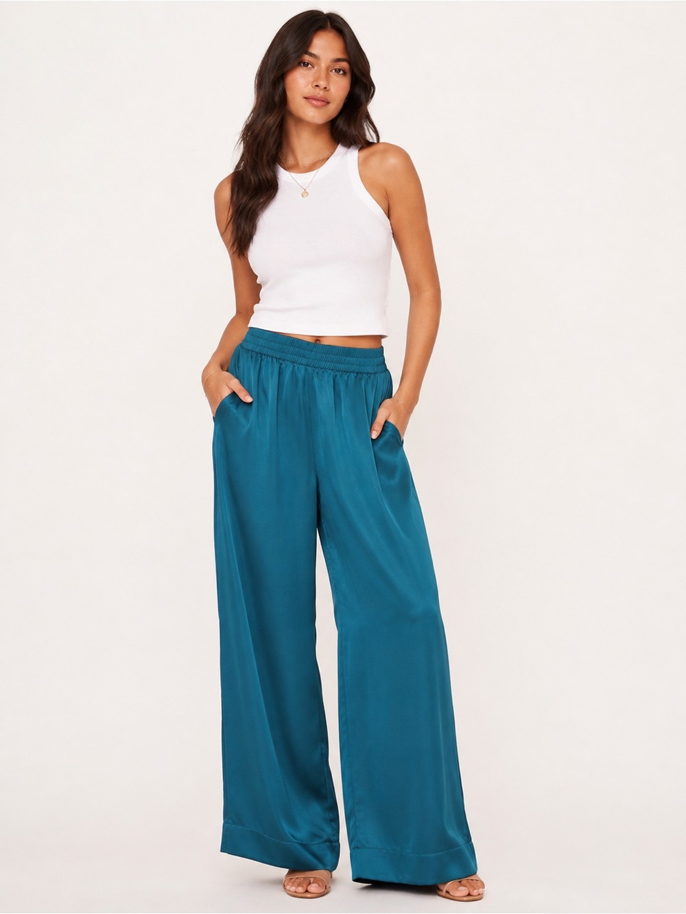 Show me Your Mumu Large Wide Leg Satin Pants in Teal